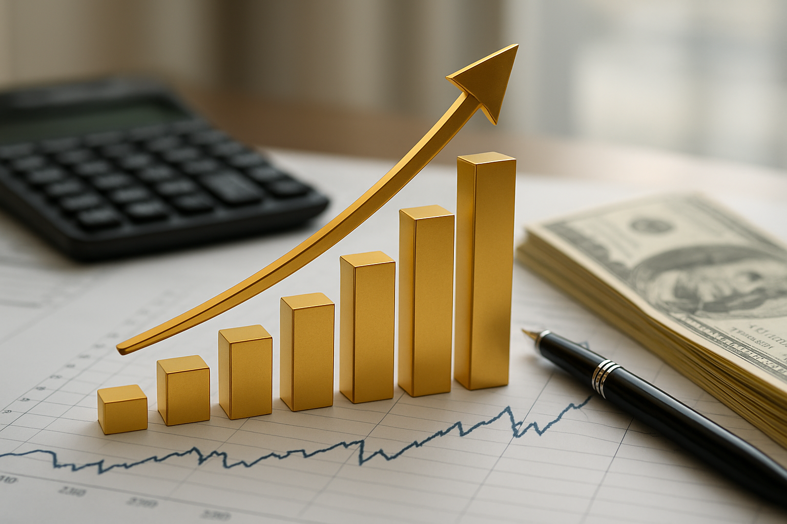 A golden bar graph rising alongside a calculator and a stack of cash, symbolizing financial growth and decision-making.